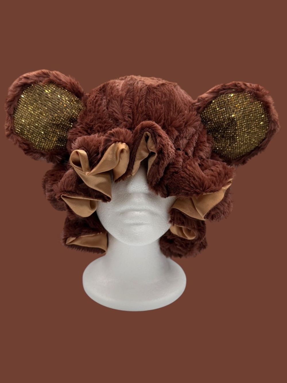 Brown Bear Faux Fur Bonnet: Gold Rhinestone Ears, Satin Lined Sleeping Cap